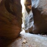 The Virgin River turns around a cliff in the Narrows. Zion National Park, Utah