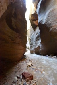 The Virgin River turns around a cliff in the Narrows. Zion National Park, Utah