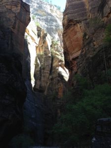 Another breathtaking view of the sun high on the cliffs of the Narrows. Zion National Park, Utah